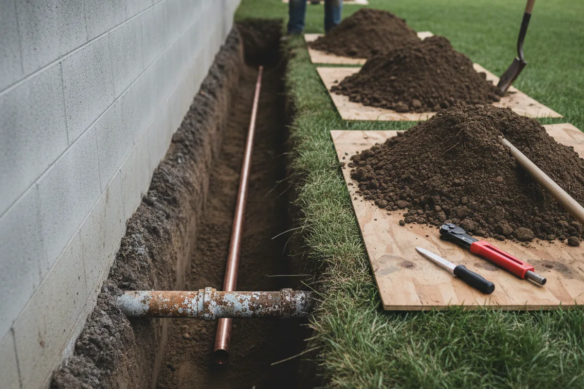 Excavated water line trench during Water Softener Installation in Donna